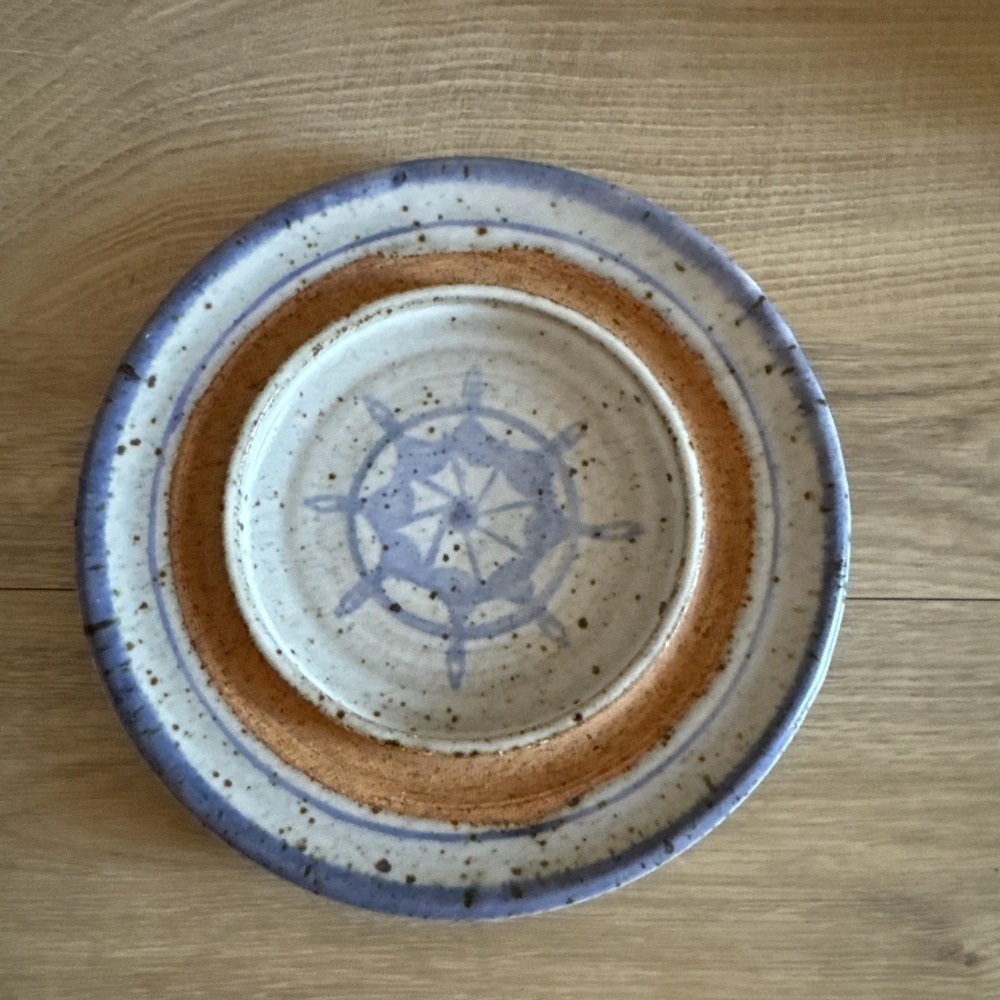 Devitalis Pottery Stoneware Blue Serving Dish Snack Dish Nautical Signed Vintage